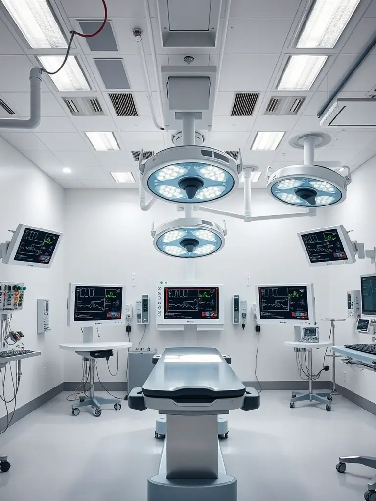 A modern hospital operating room with advanced electrical systems and monitoring equipment, showcasing FullyWiredUp Inc.'s expertise in healthcare electrical solutions.