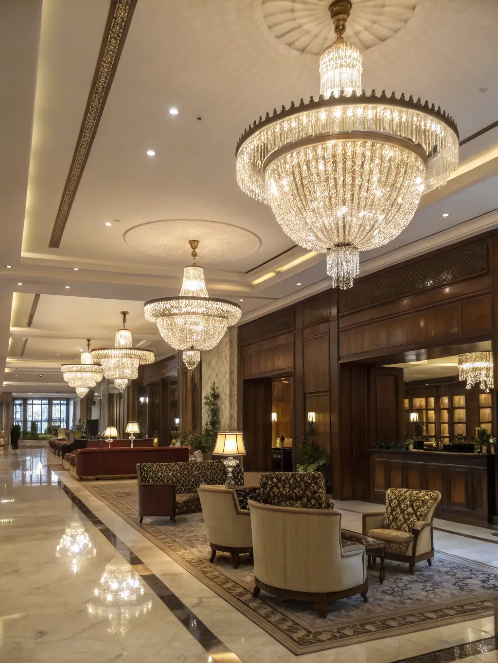 A luxurious hotel lobby with sophisticated lighting and integrated technology, demonstrating FullyWiredUp Inc.'s capabilities in the hospitality sector.