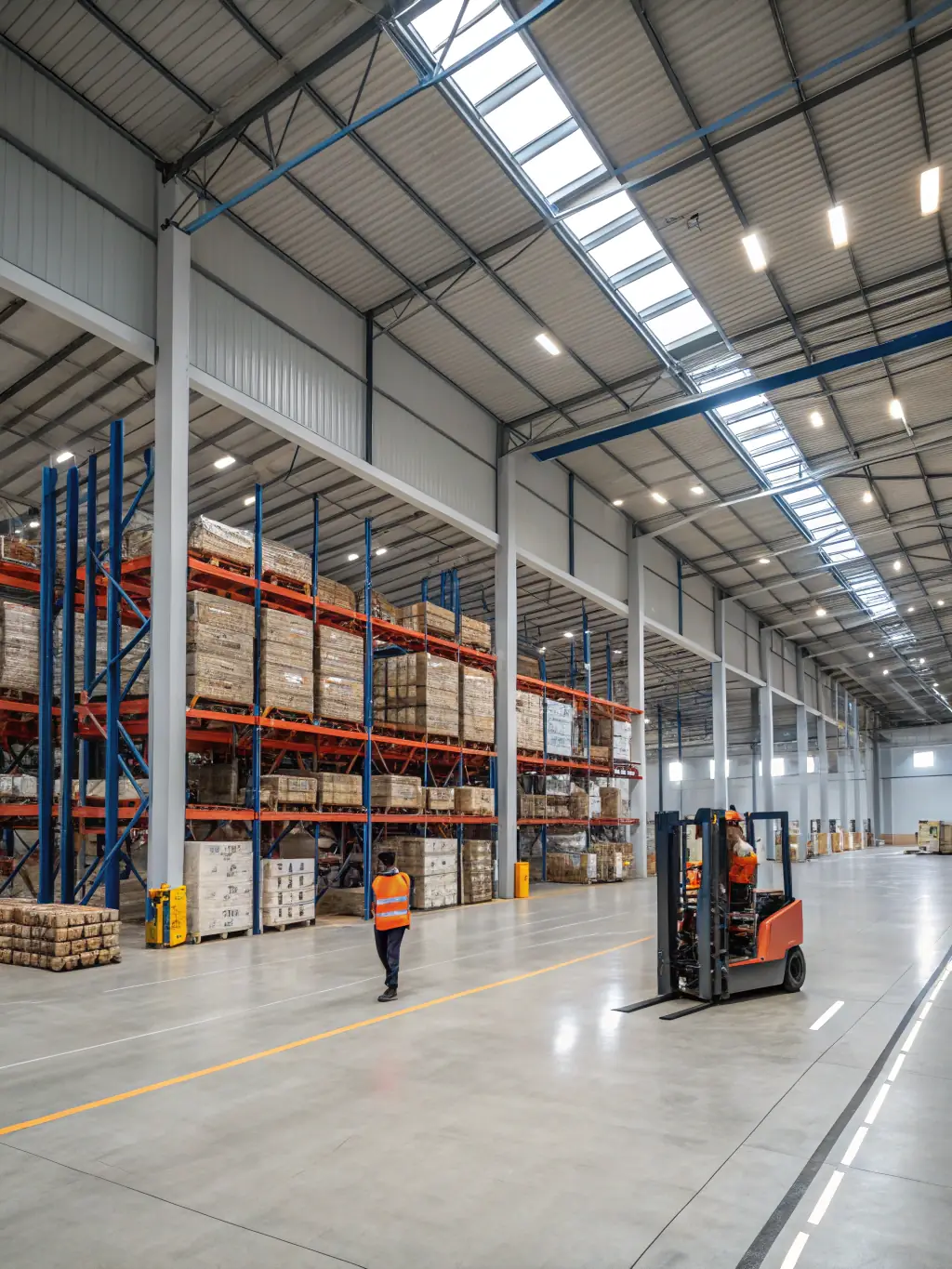 A large logistics warehouse with automated systems and efficient lighting, showcasing FullyWiredUp Inc.'s expertise in supporting the logistics industry.