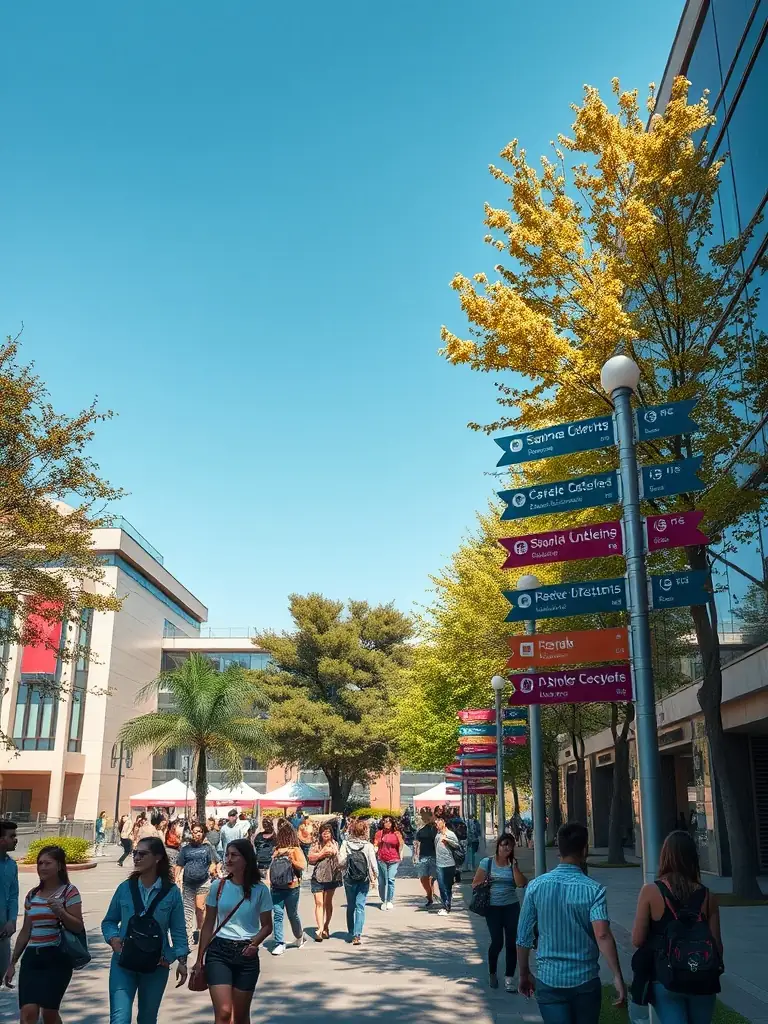 A bustling university campus with students walking between buildings, highlighting the extensive network and electrical infrastructure installed by FullyWiredUp Inc.
